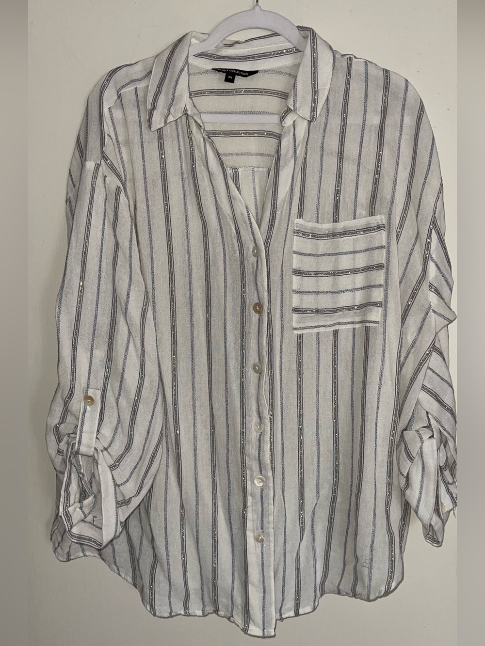 Striped White and Navy Button-Up Shirt - Women’s plus size casual blouse